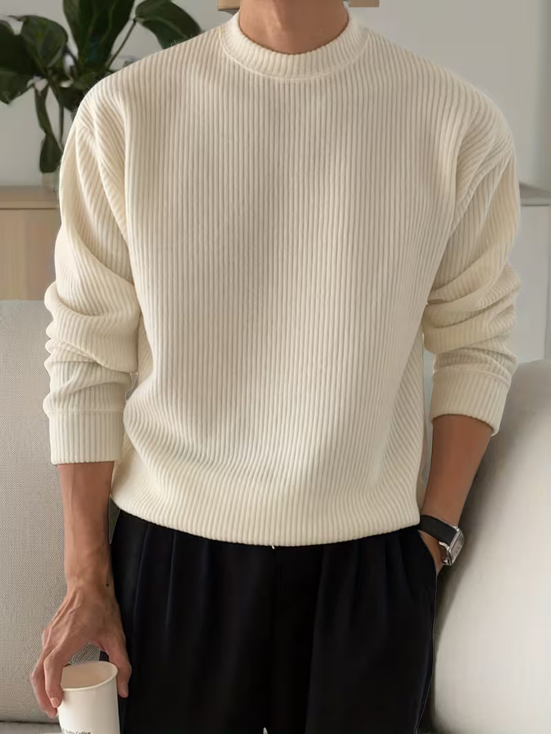 Men's Ribbed Stretch Knit Jumper for Smart-Casual Days - Beige