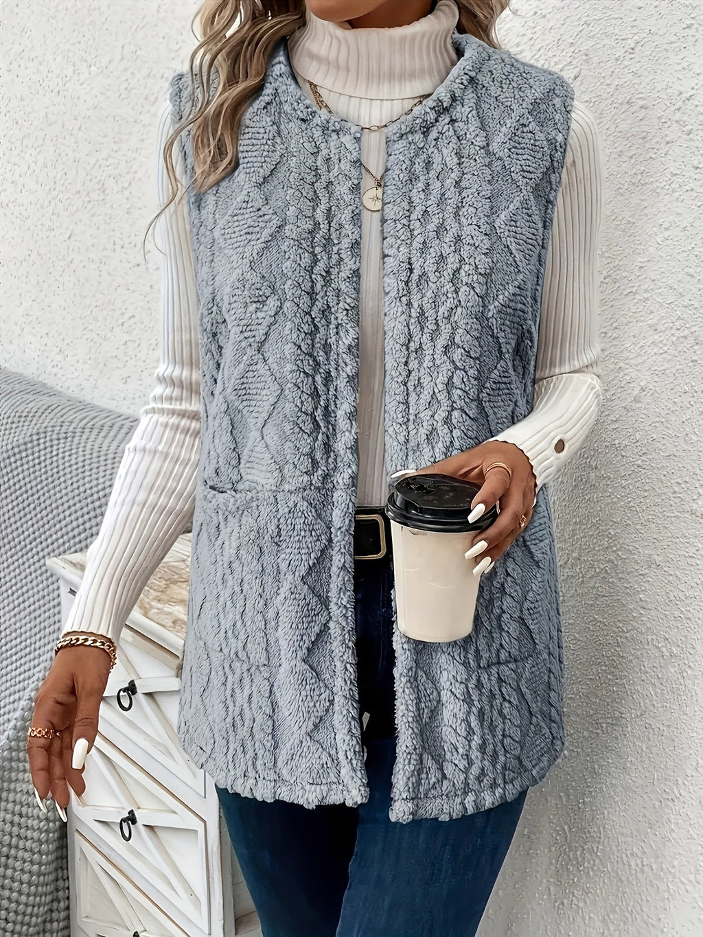 Women's Open-Front Draped Plush Layering Gilet