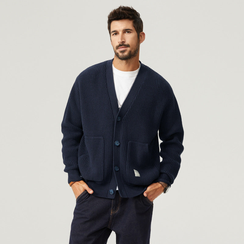 Men's Roomy-Pocket Thick Knit Cotton Cardigan in a Loose Cut