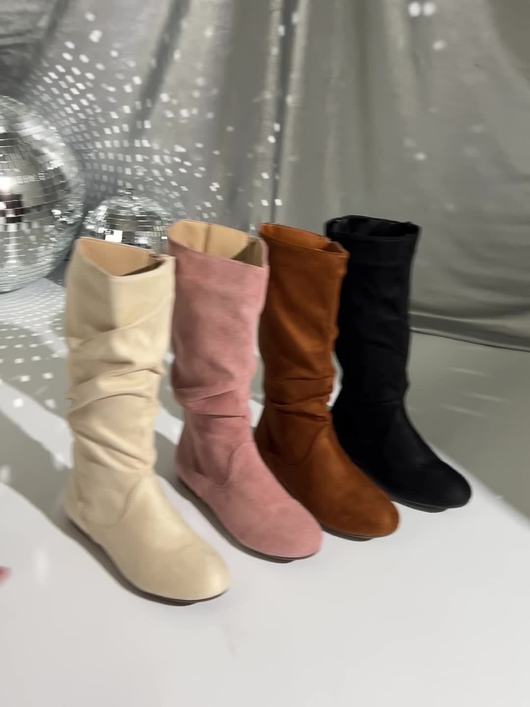 Women's Gathered Low-Heel Boots with Cushioned Footbed and Side Zip