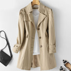 Women's Fitted Knee-Length Trench Coat with Notch Lapels - Khaki