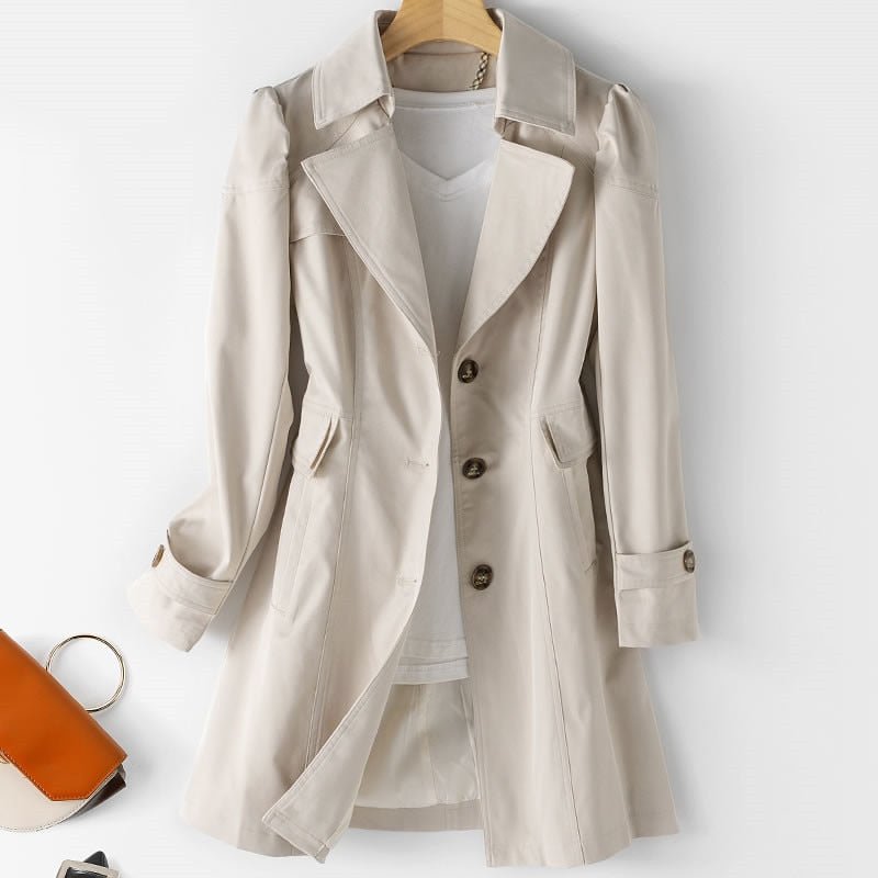 Women's Fitted Knee-Length Trench Coat with Notch Lapels - Beige