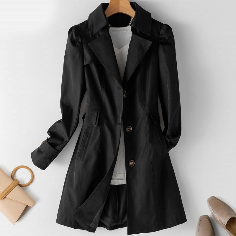 Women's Fitted Knee-Length Trench Coat with Notch Lapels - Black