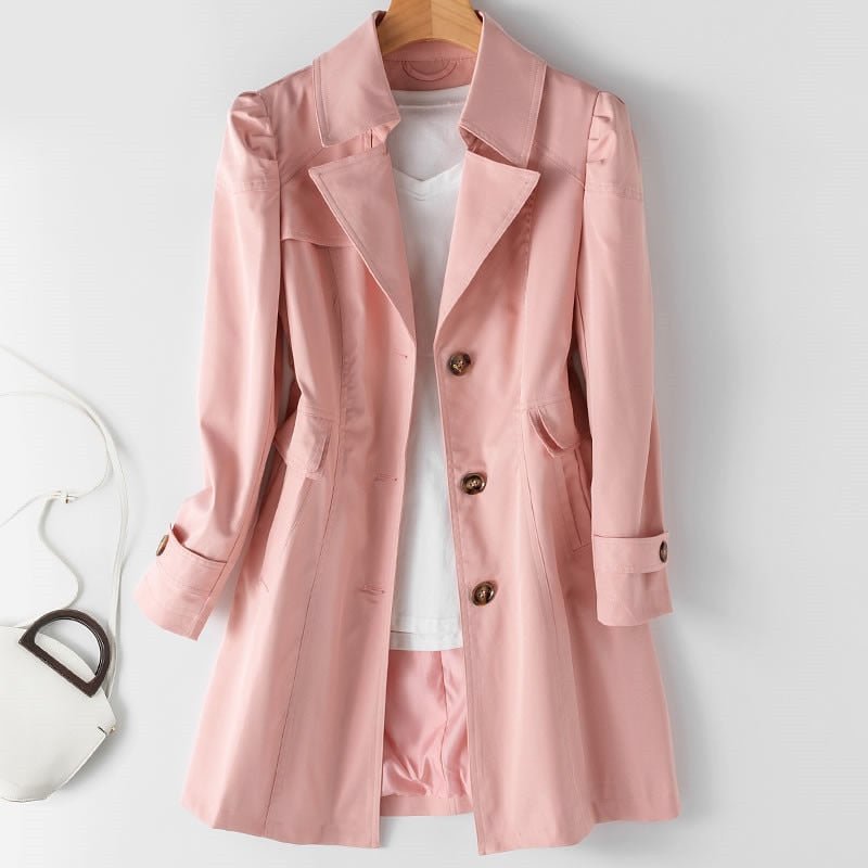 Women's Fitted Knee-Length Trench Coat with Notch Lapels - Pink
