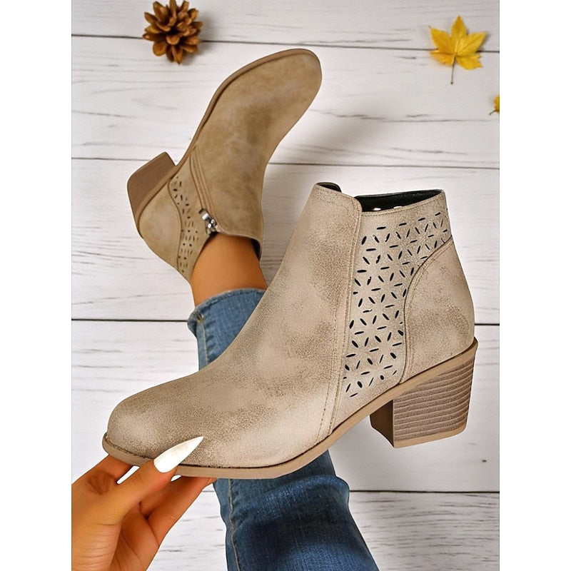 Women's Classic Cutout Ankle Boots with Easy Side Zip - Khaki
