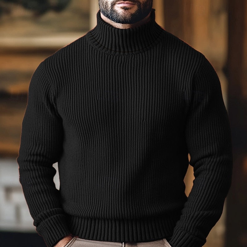 Men's Non-Cling Rib Knit Polo Neck Jumper - Black