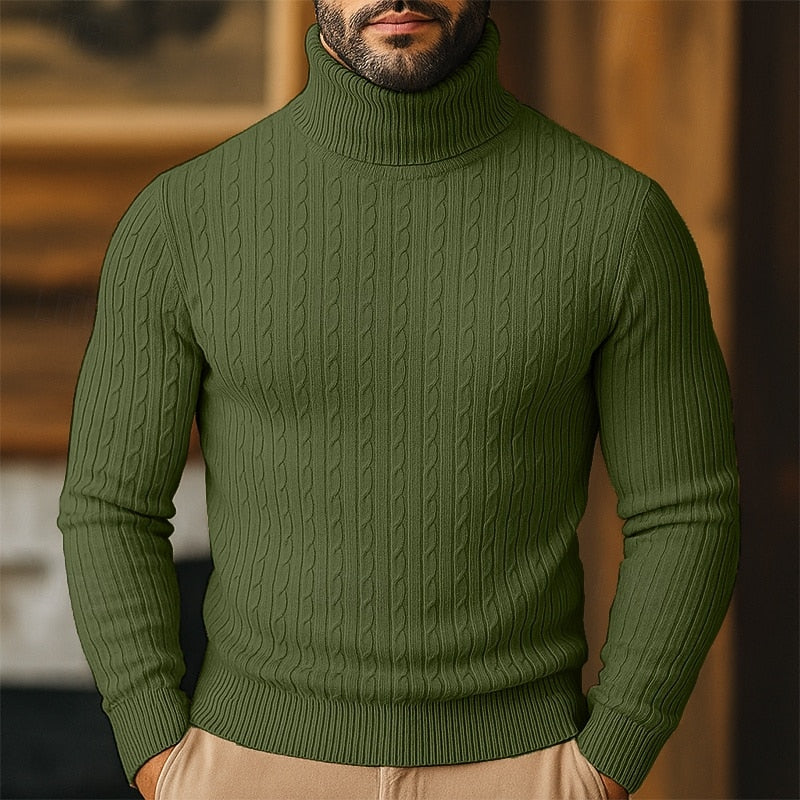 Men's Close-Cut Twisted Cable Roll Neck Jumper - Army Green