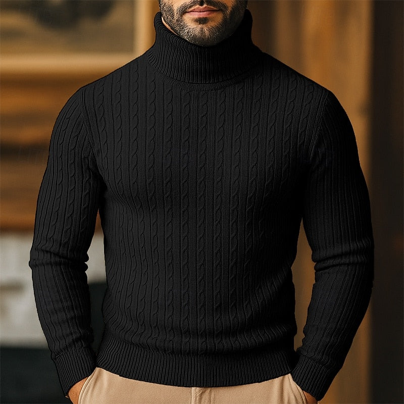 Men's Close-Cut Twisted Cable Roll Neck Jumper - Black