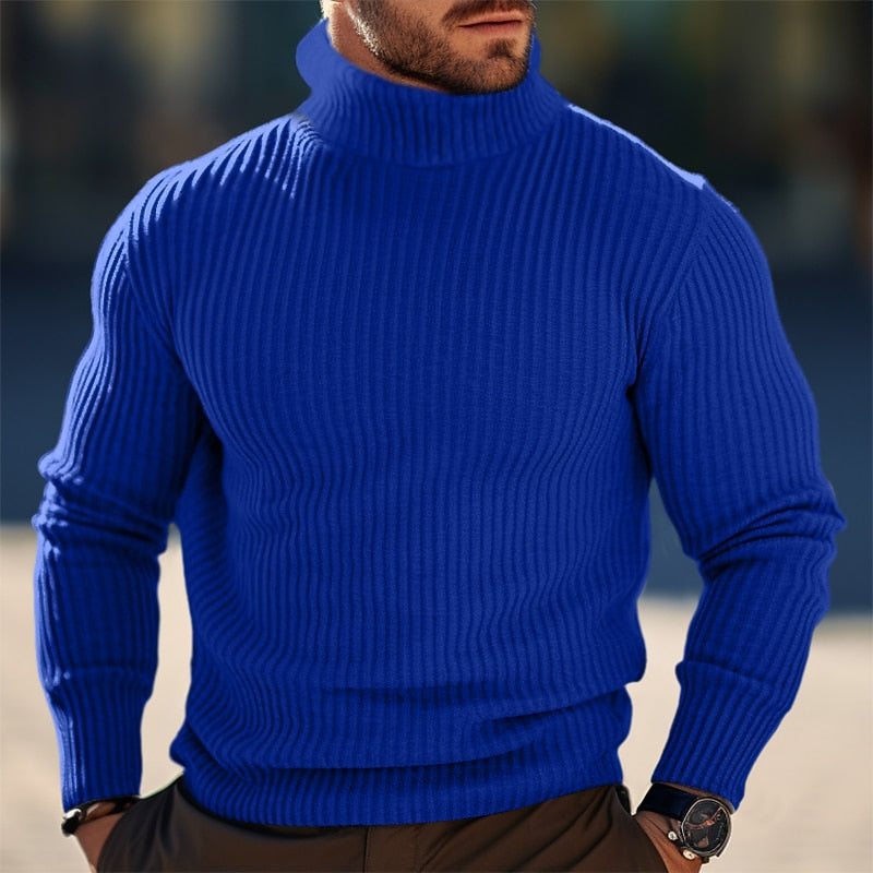 Men's Slim Vertical-Rib Roll Neck Pullover - Blue
