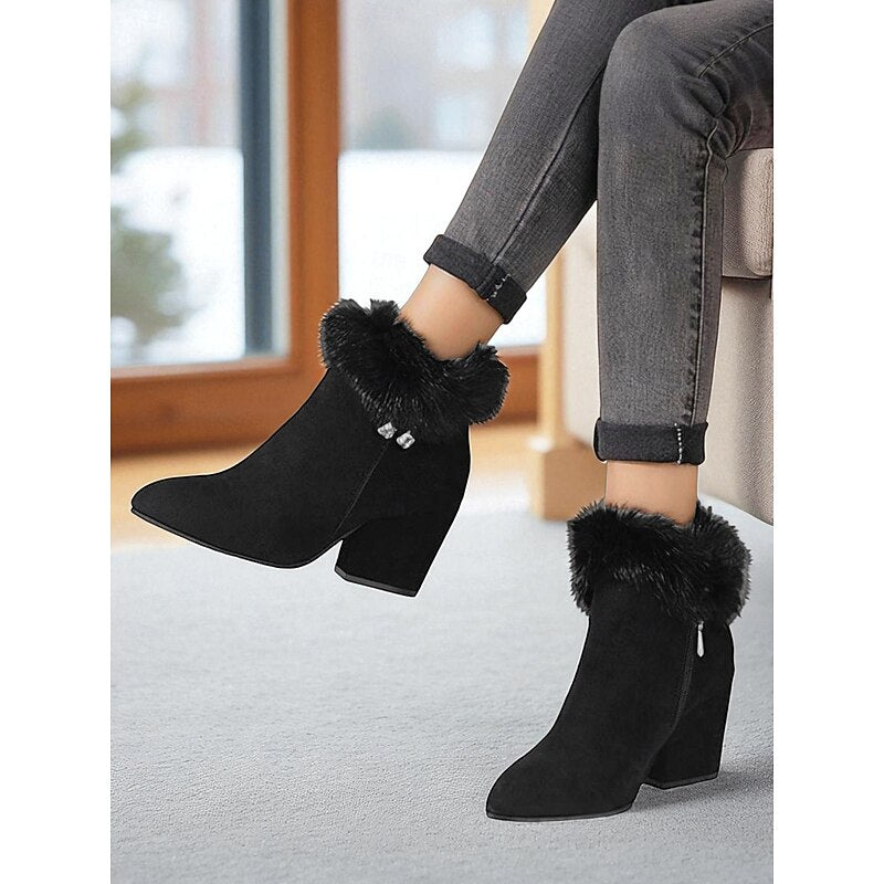 Women's Plush-Collar Pointed-Toe Boots with Side Zip - Black