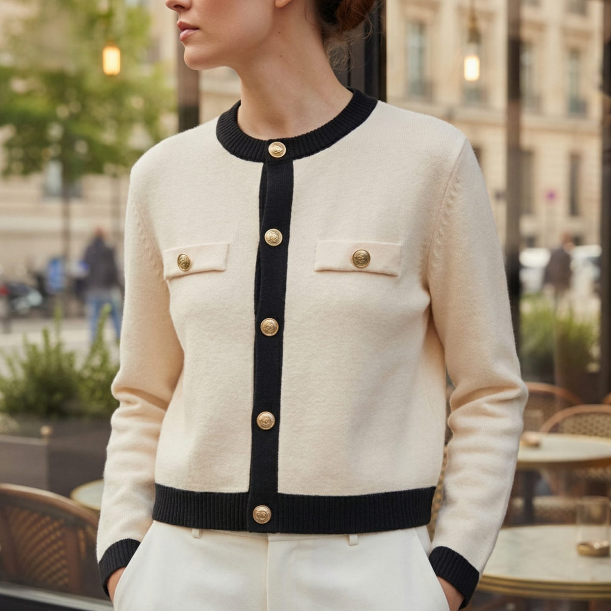 Women's Preppy Button-Front Cardigan with Chest Patch Pockets - Beige