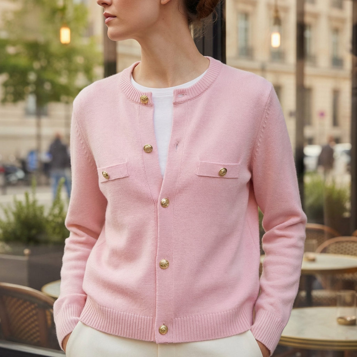 Women's Preppy Button-Front Cardigan with Chest Patch Pockets - Pink