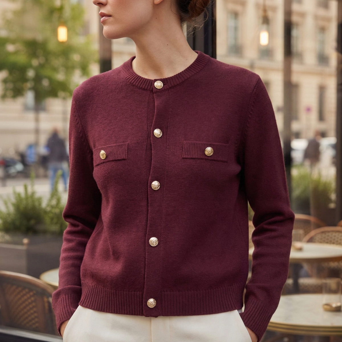 Women's Preppy Button-Front Cardigan with Chest Patch Pockets - Red