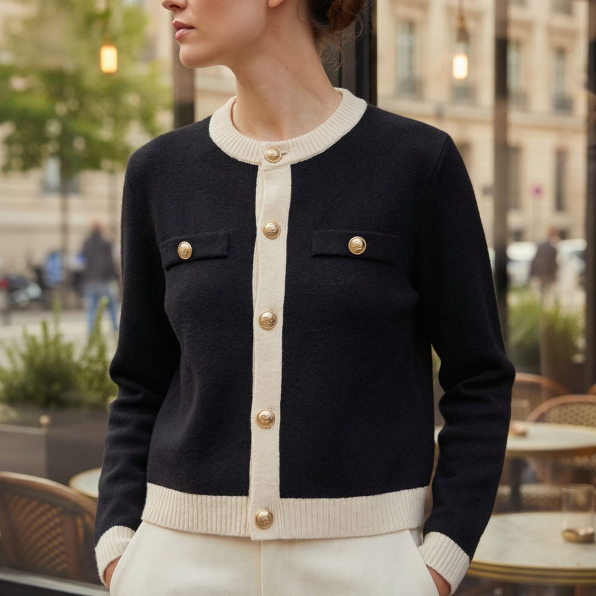 Women's Preppy Button-Front Cardigan with Chest Patch Pockets - Black