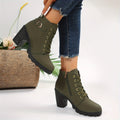 Women's Lace-Front Zip-Side Ankle Boots with Raised Block Heel - Dark Green