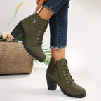 Women's Lace-Front Zip-Side Ankle Boots with Raised Block Heel - Dark Green