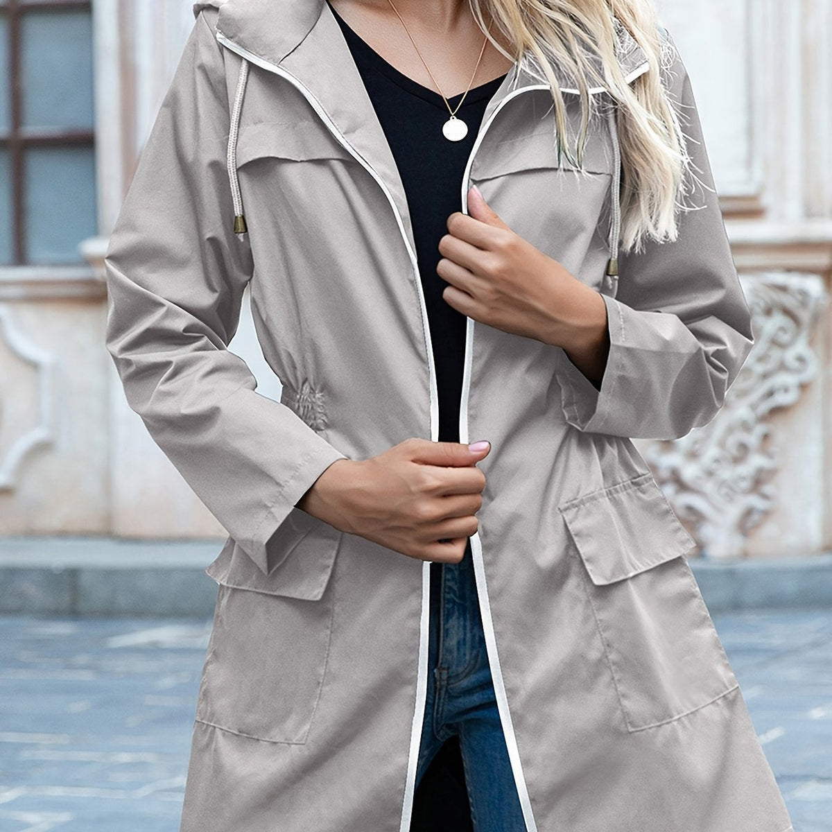 Women's Adjustable-Waist Lightweight Parka in a Longline Cut - Light Grey