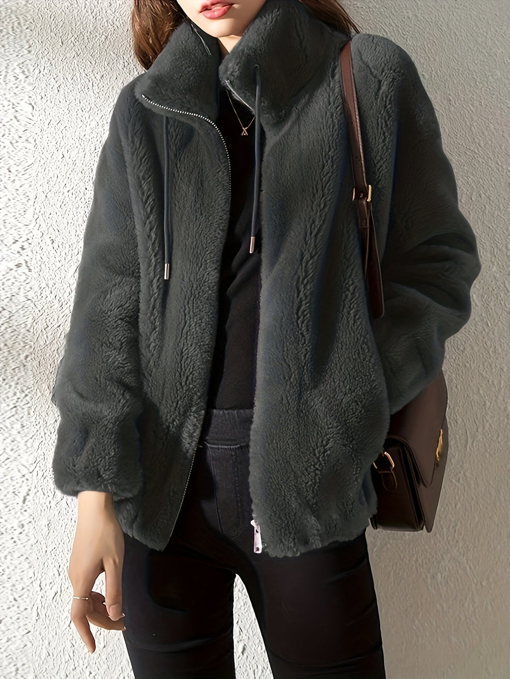 Women's Drawcord-Collar Plush Teddy Jacket in a Regular Fit
