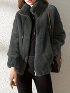 Women's Drawcord-Collar Plush Teddy Jacket in a Regular Fit
