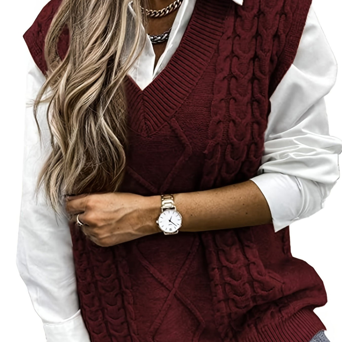 Women's Sleeveless Cable Knit Layering Slipover with V-Neck - Burgundy