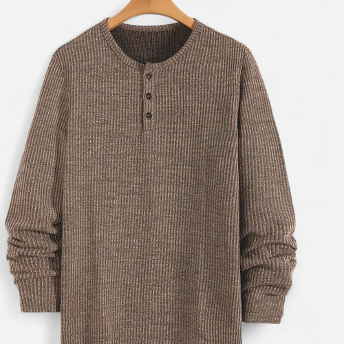 Men's Button-Neck Cable Knit Henley for Spring and Autumn - Khaki