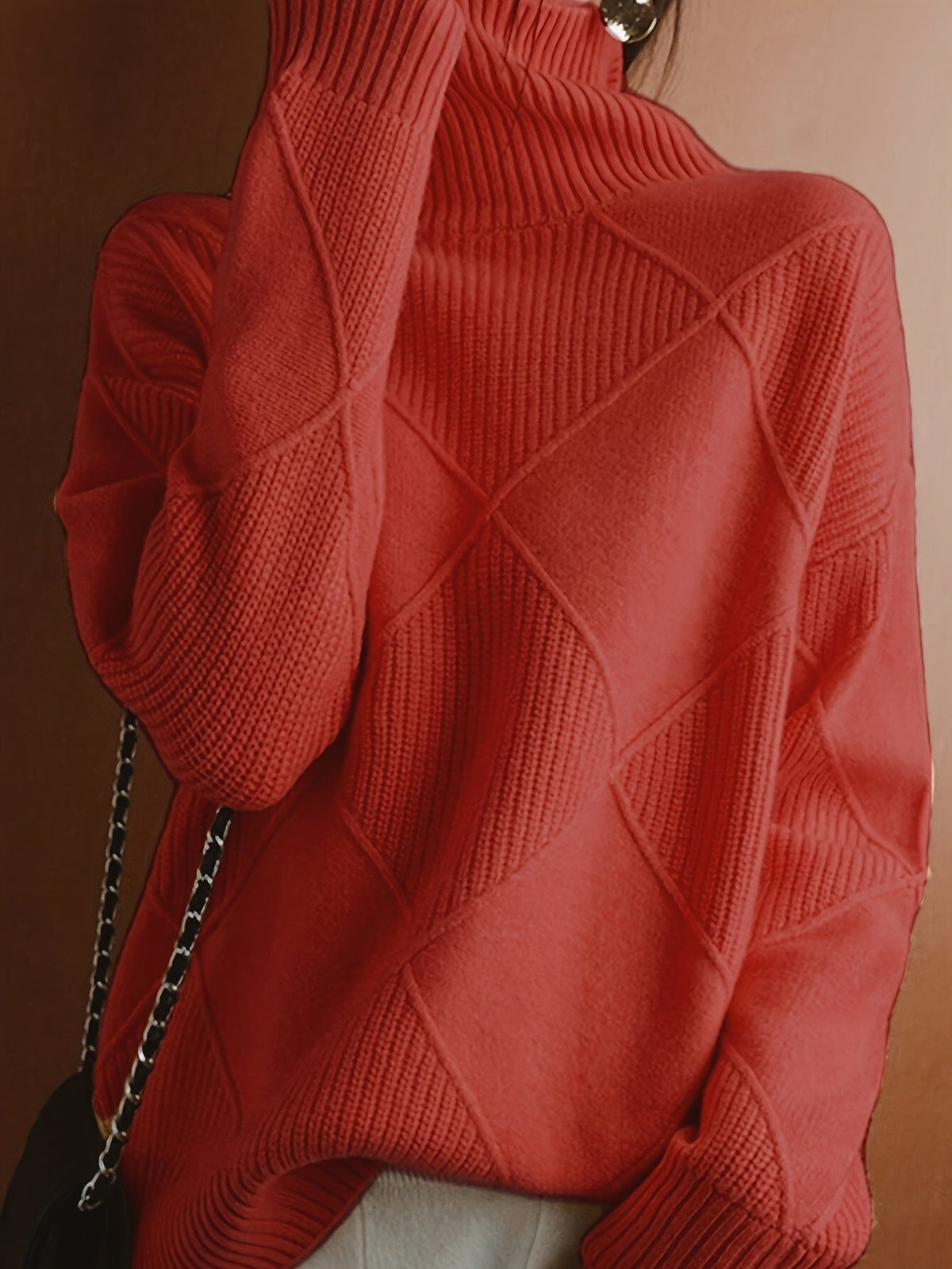 Women's Relaxed High Neck Jumper with Diamond Knit Pattern