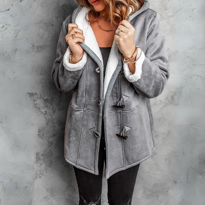 Women's Upper-Thigh Duffle Coat with Toggles and Plush-Lined Hood - Grey