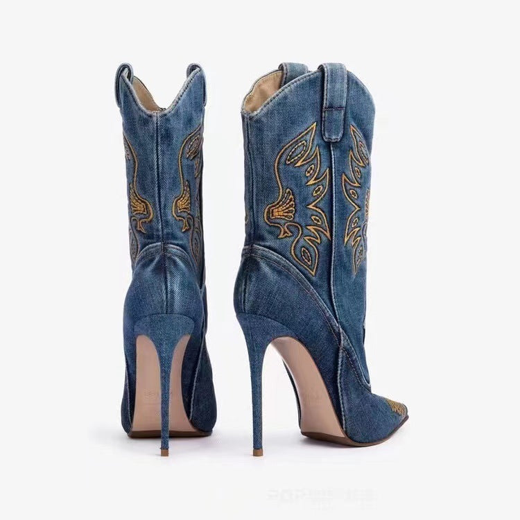 Women's Tall Embroidered Denim Stiletto Boots with Pointed Toe