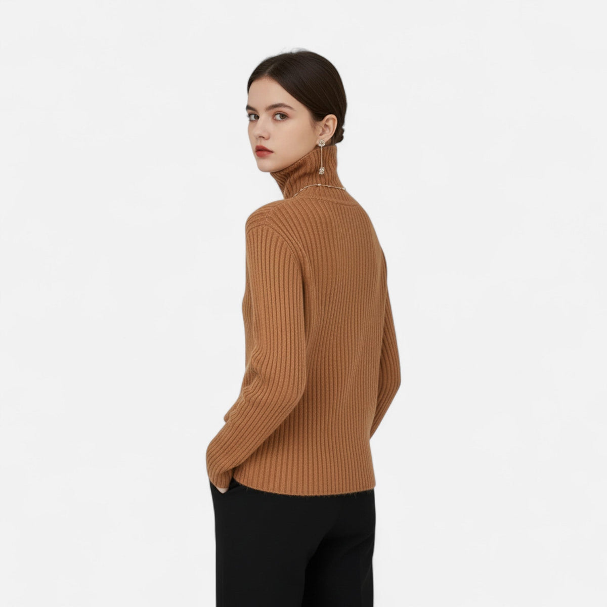Women's Flared Umbrella-Hem Ribbed Polo Neck Jumper