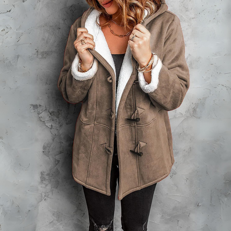 Women's Upper-Thigh Duffle Coat with Toggles and Plush-Lined Hood - Taupe