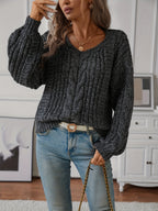 Women's Loose Chunky Knit Jumper with Braided Cables and V-Neck