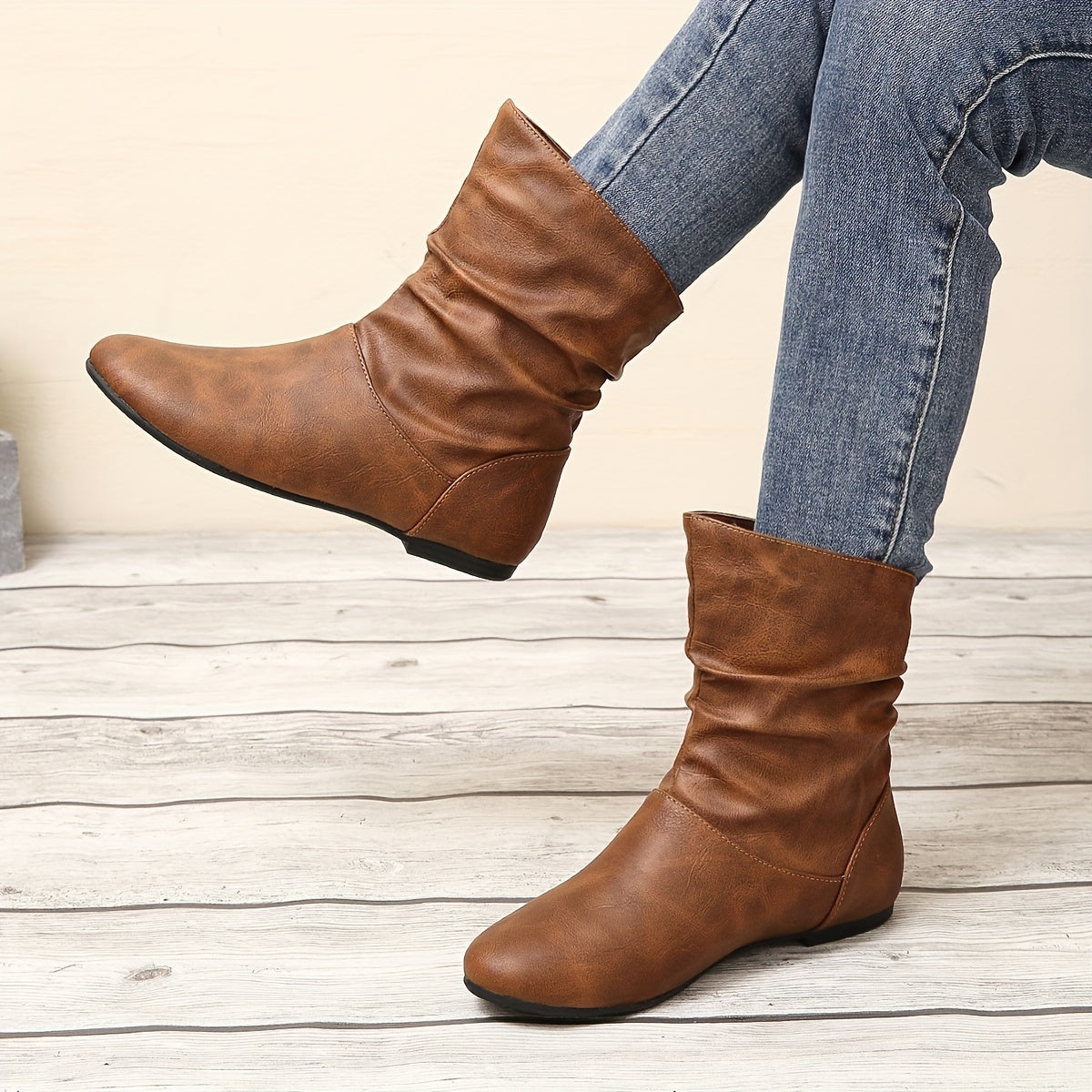 Women's Easy Pull-On Flat Boots with Soft Bunched Ankle