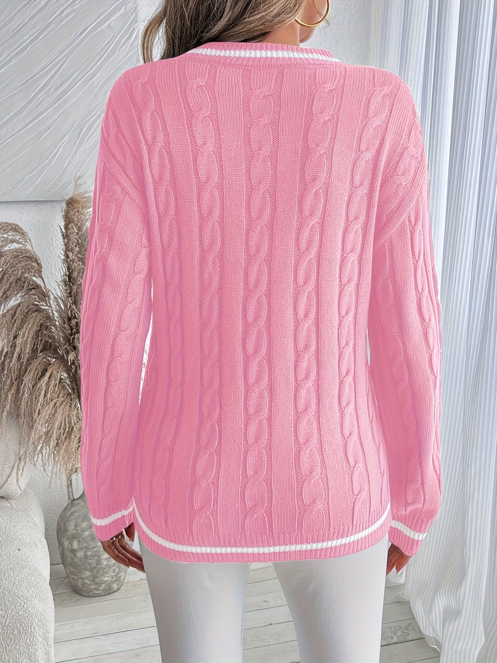 Women's Drop-Shoulder V-Neck Cable Jumper with Striped Trims