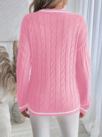 Women's Drop-Shoulder V-Neck Cable Jumper with Striped Trims