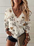 Women's Relaxed Floral V-Neck Jumper for Light Layering