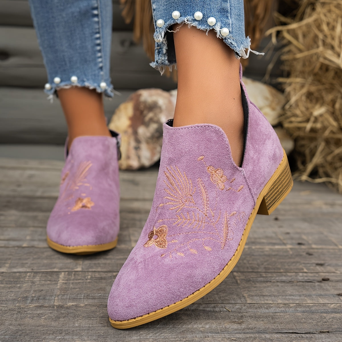 Women's Pointed V-Cut Ankle Boots with Stitched Embroidery - Purple