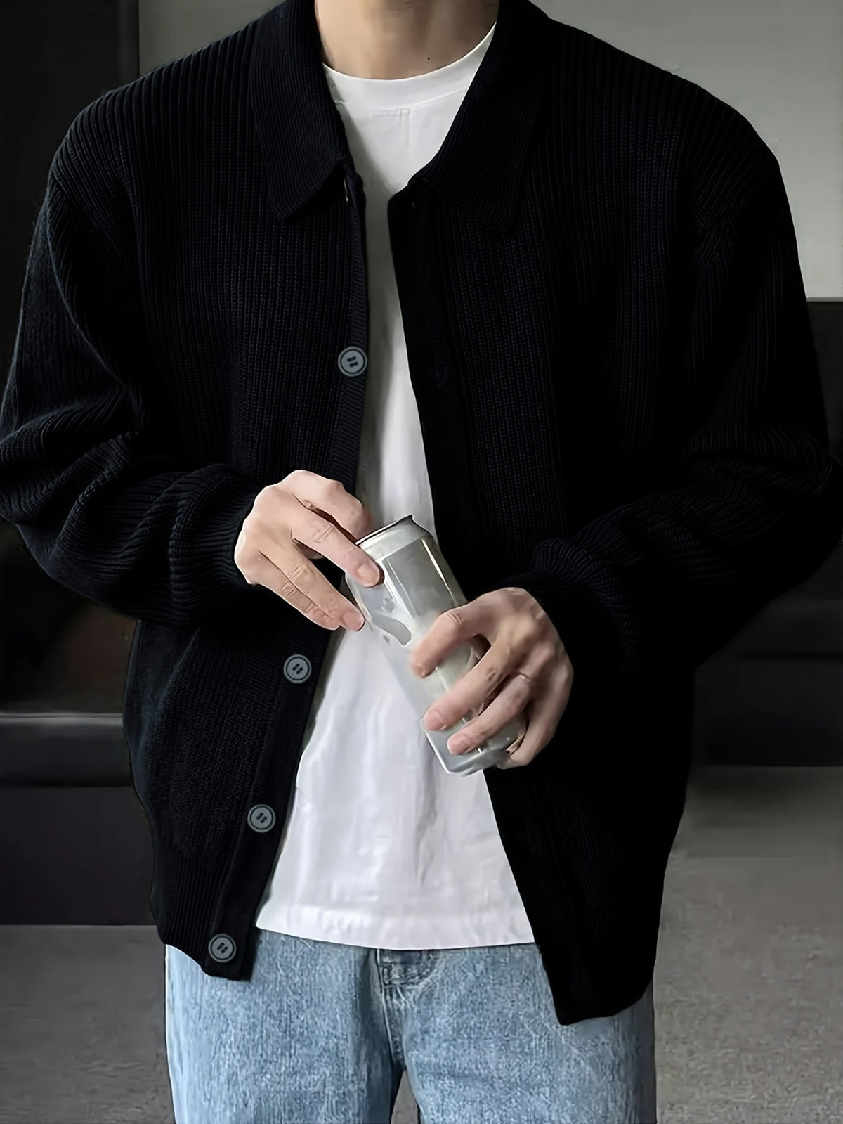 Men's Roomy Soft-Knit Cardigan with Traditional Collar