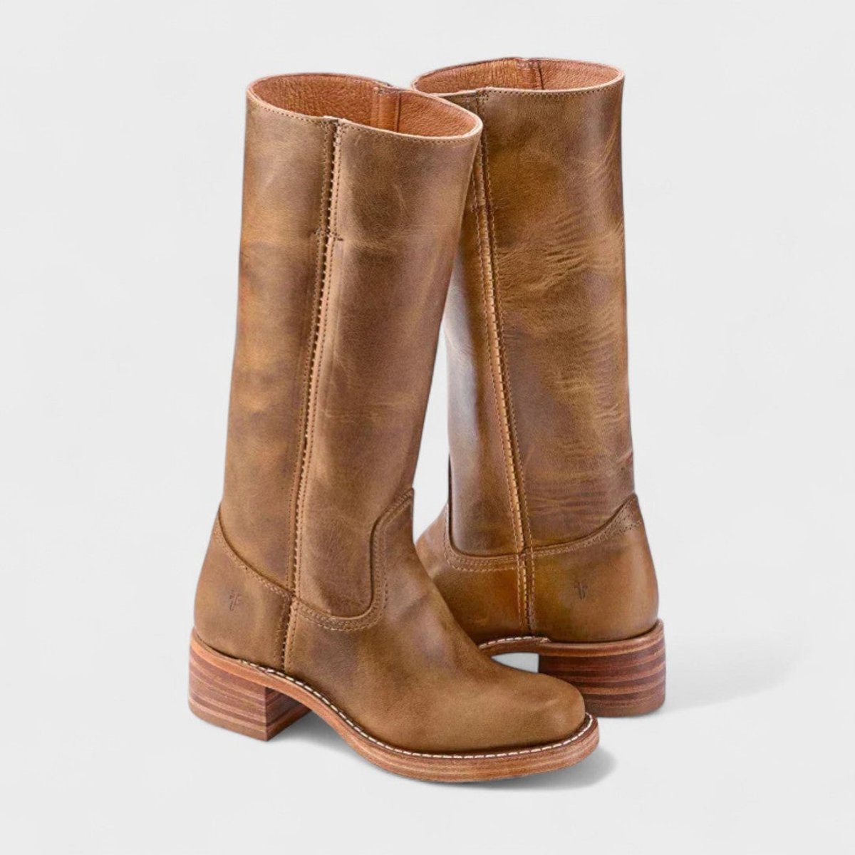 Women's Leather Western Boots with Centre Seam and Two-Tone Lining - Light Brown