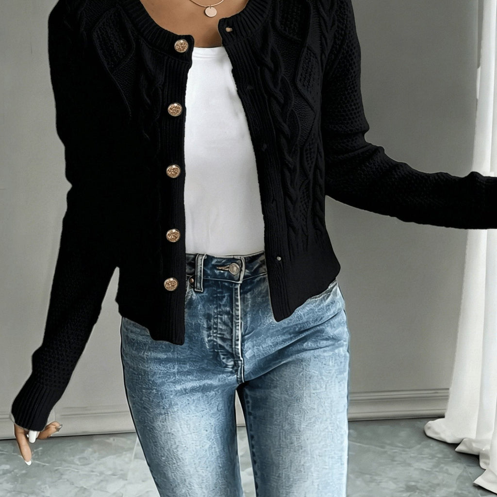 Women's Short Textured Cable Cardigan with Statement Buttons - Black