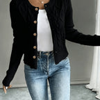 Women's Short Textured Cable Cardigan with Statement Buttons - Black