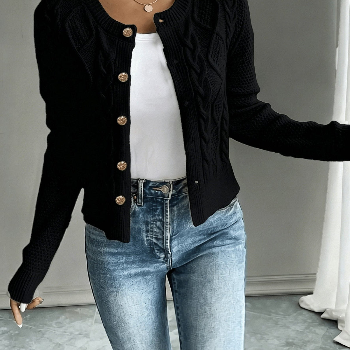 Women's Short Textured Cable Cardigan with Statement Buttons - Black