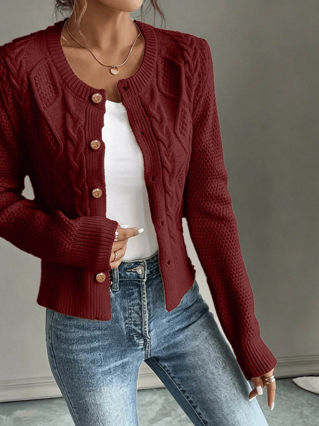 Women's Short Textured Cable Cardigan with Statement Buttons