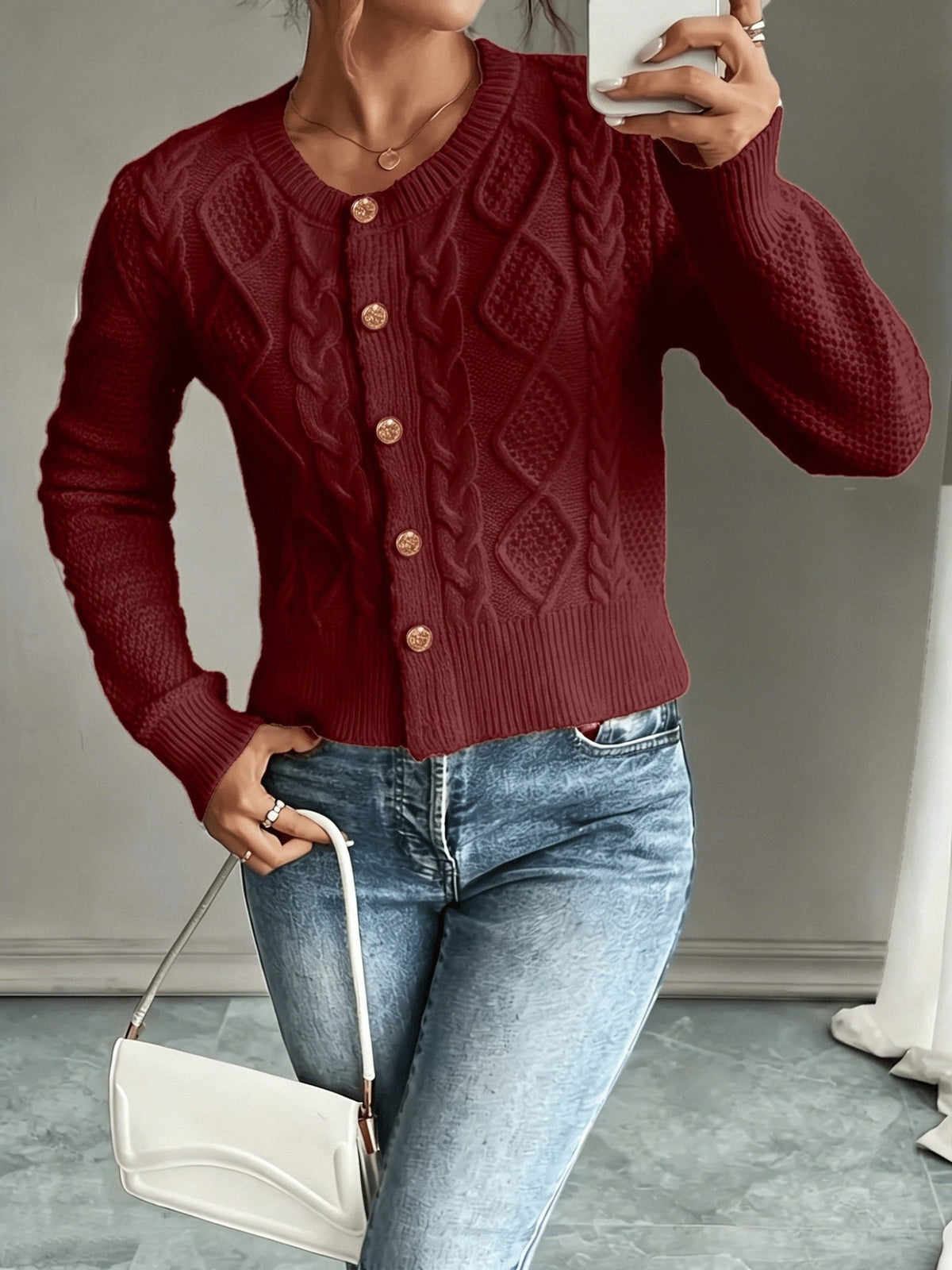 Women's Short Textured Cable Cardigan with Statement Buttons