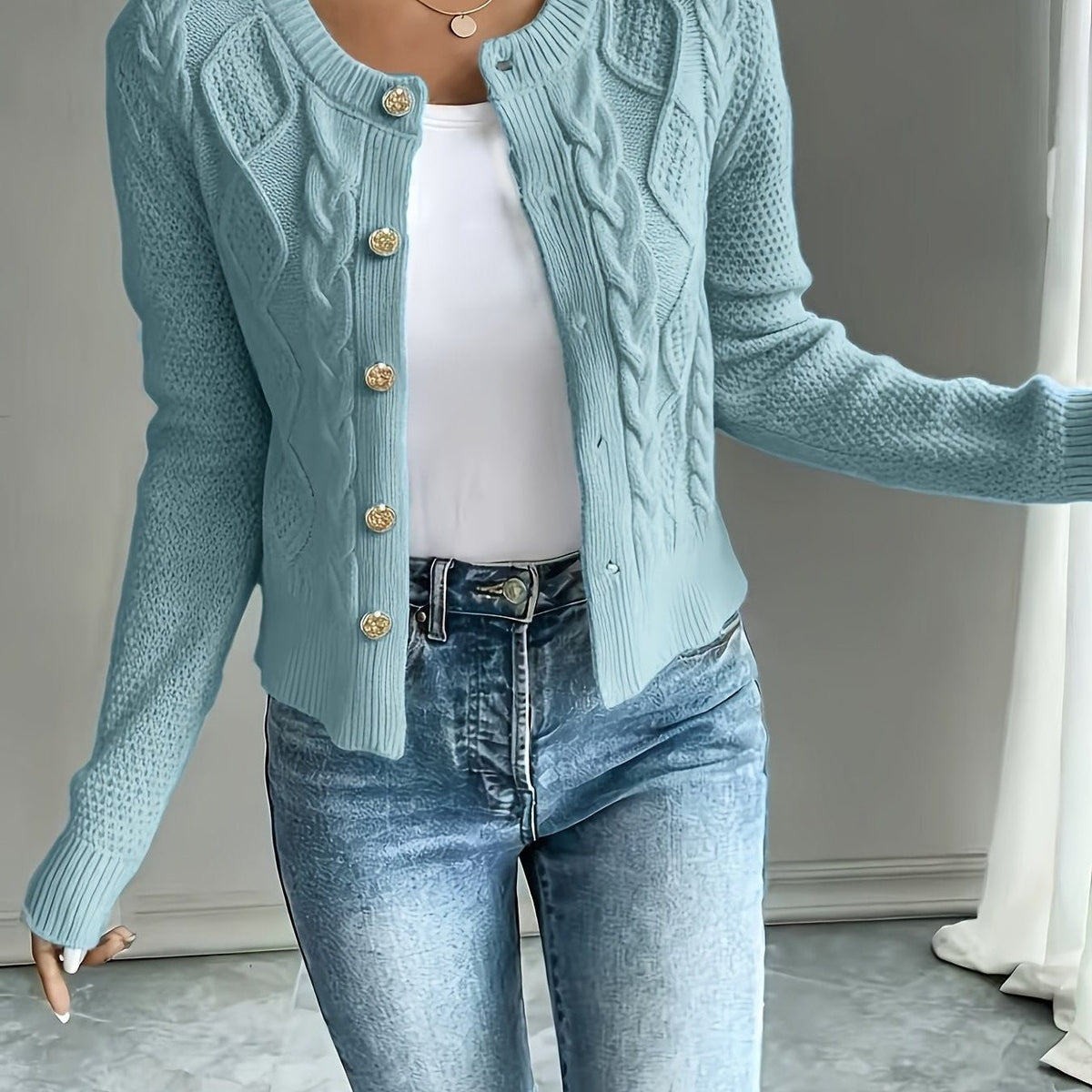 Women's Short Textured Cable Cardigan with Statement Buttons - Sky Blue