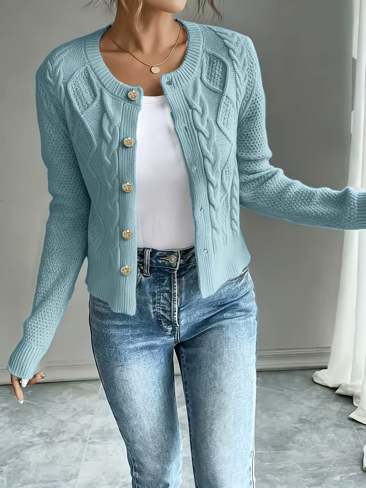 Women's Short Textured Cable Cardigan with Statement Buttons