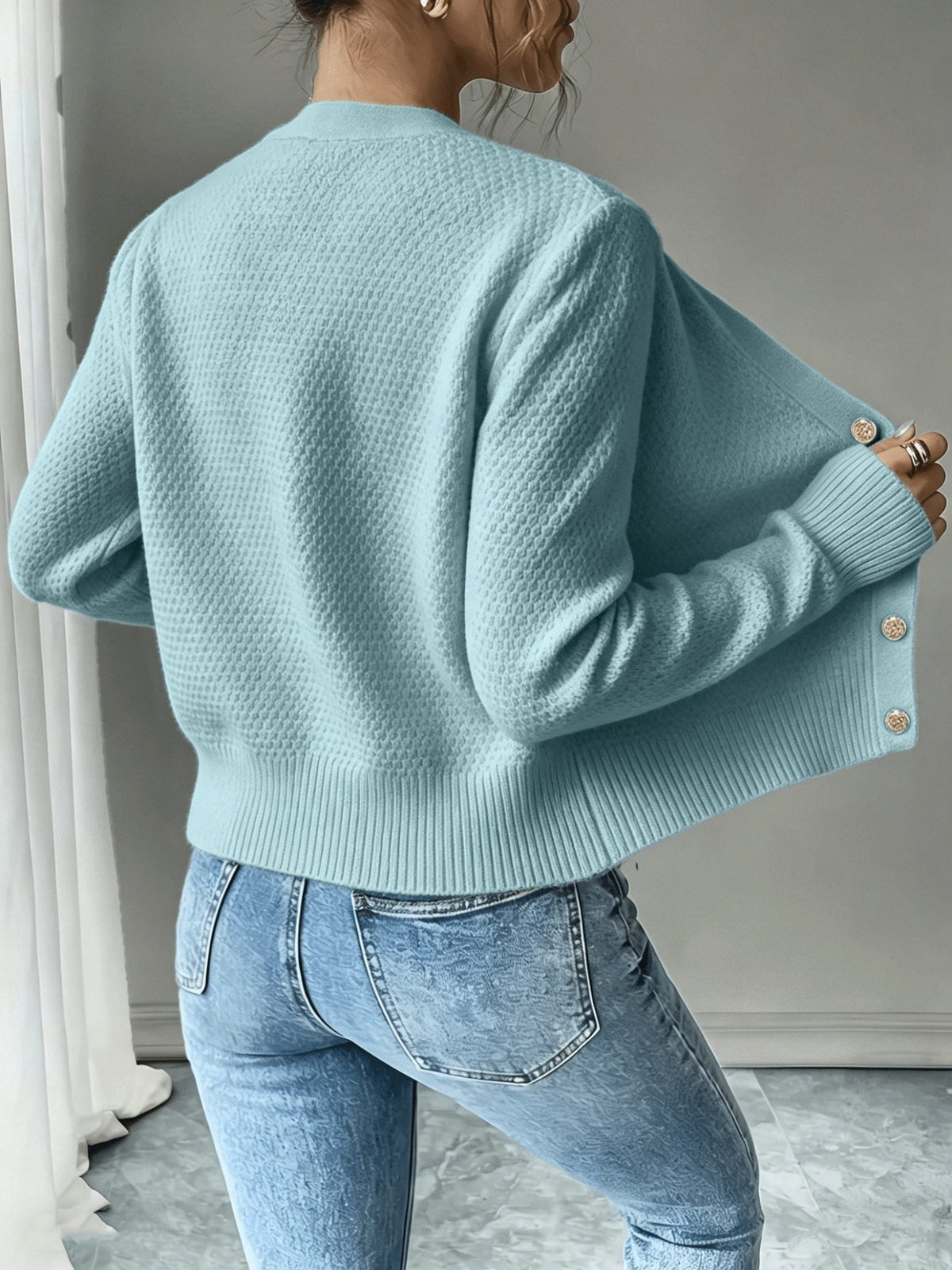 Women's Short Textured Cable Cardigan with Statement Buttons