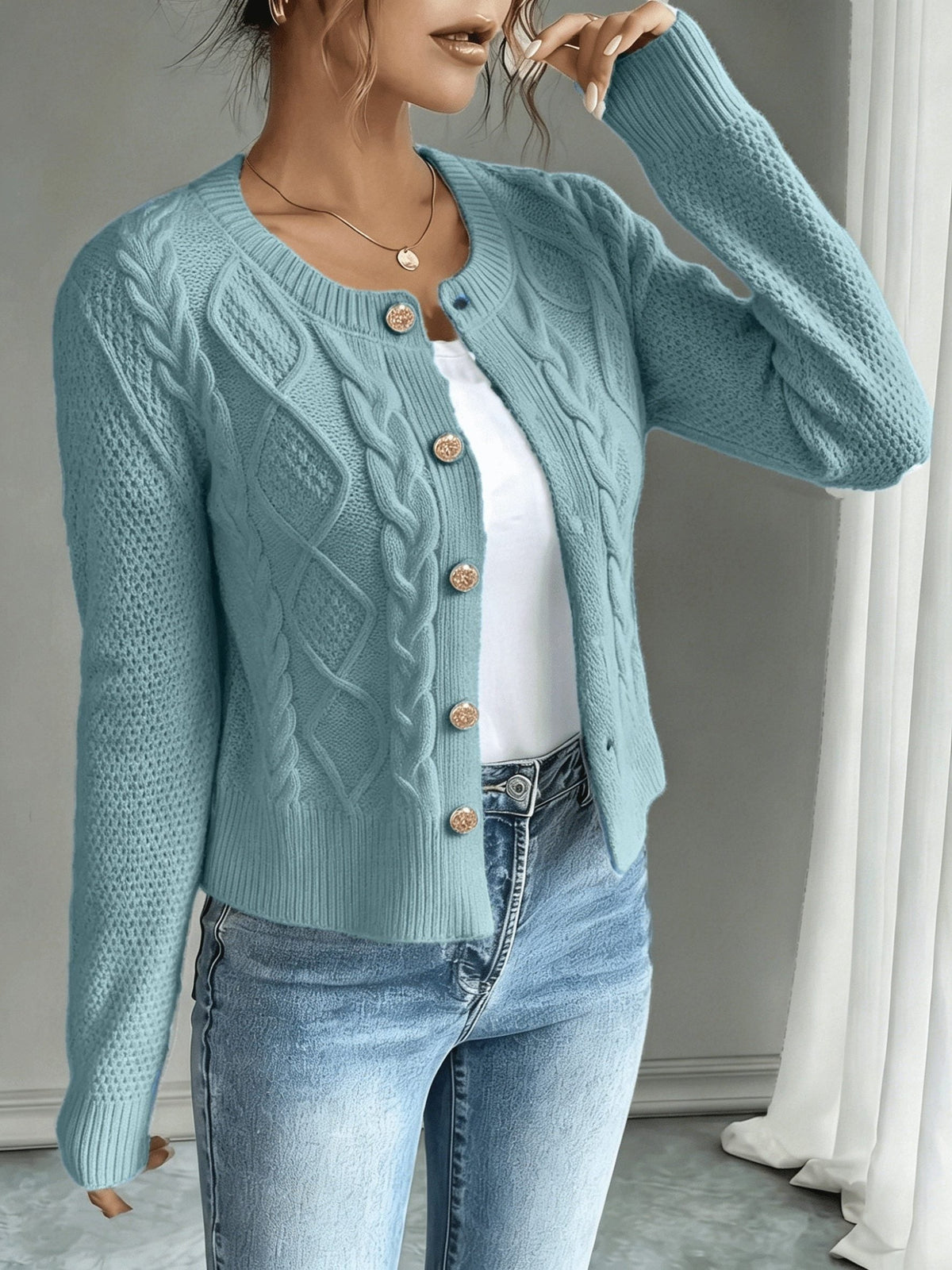 Women's Short Textured Cable Cardigan with Statement Buttons