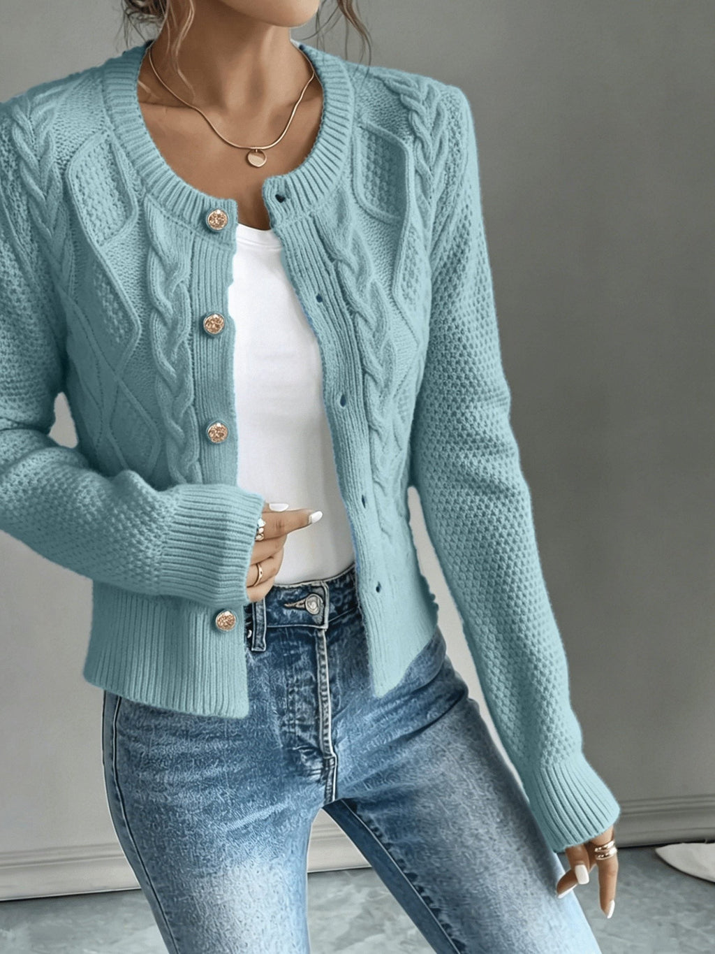 Women's Short Textured Cable Cardigan with Statement Buttons