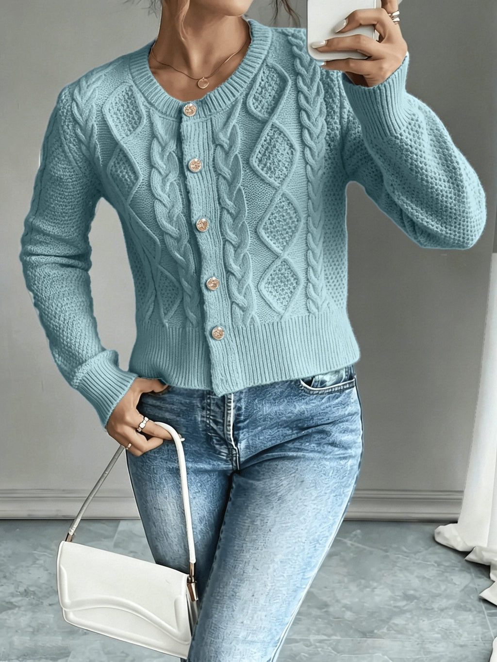 Women's Short Textured Cable Cardigan with Statement Buttons