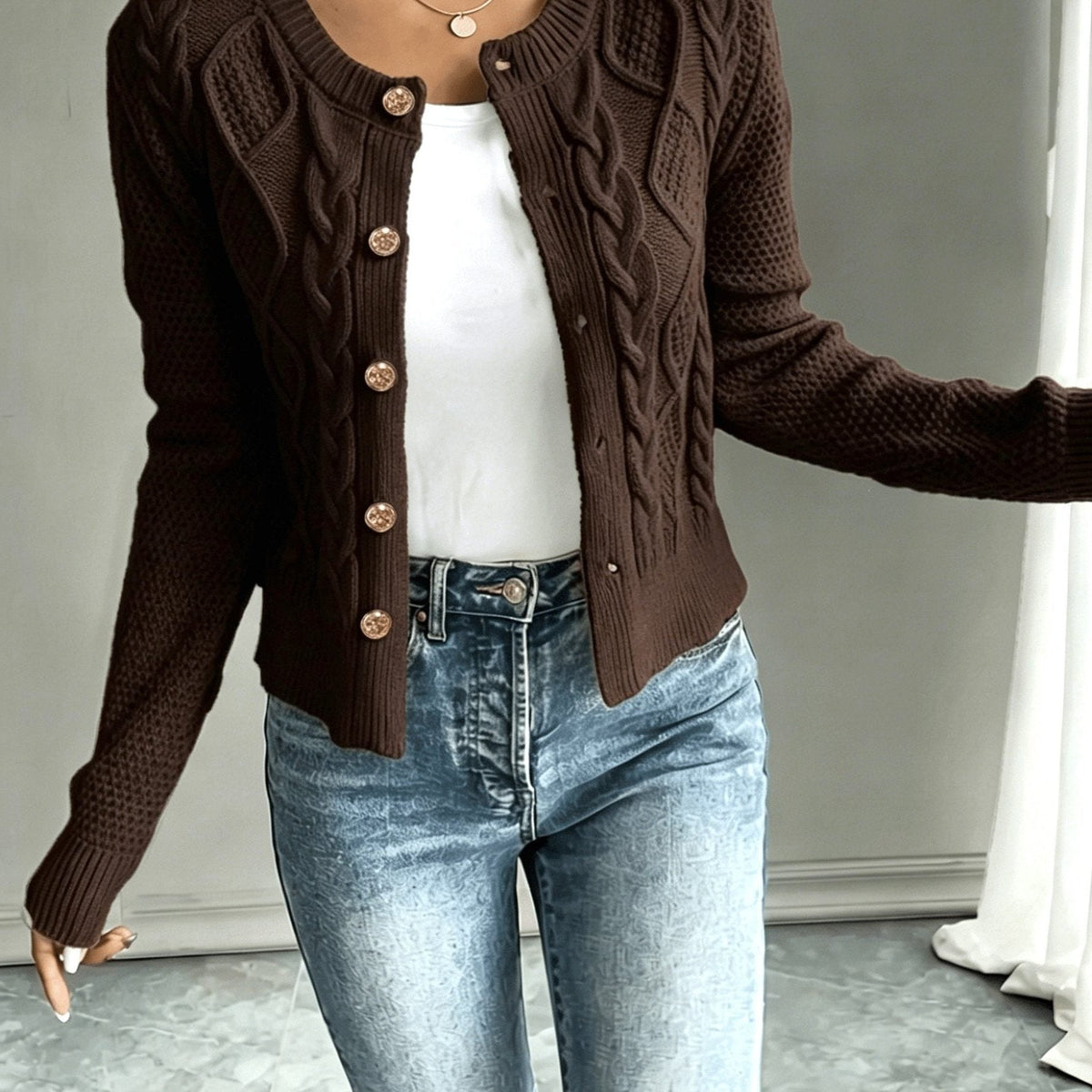 Women's Short Textured Cable Cardigan with Statement Buttons - Coffee Brown